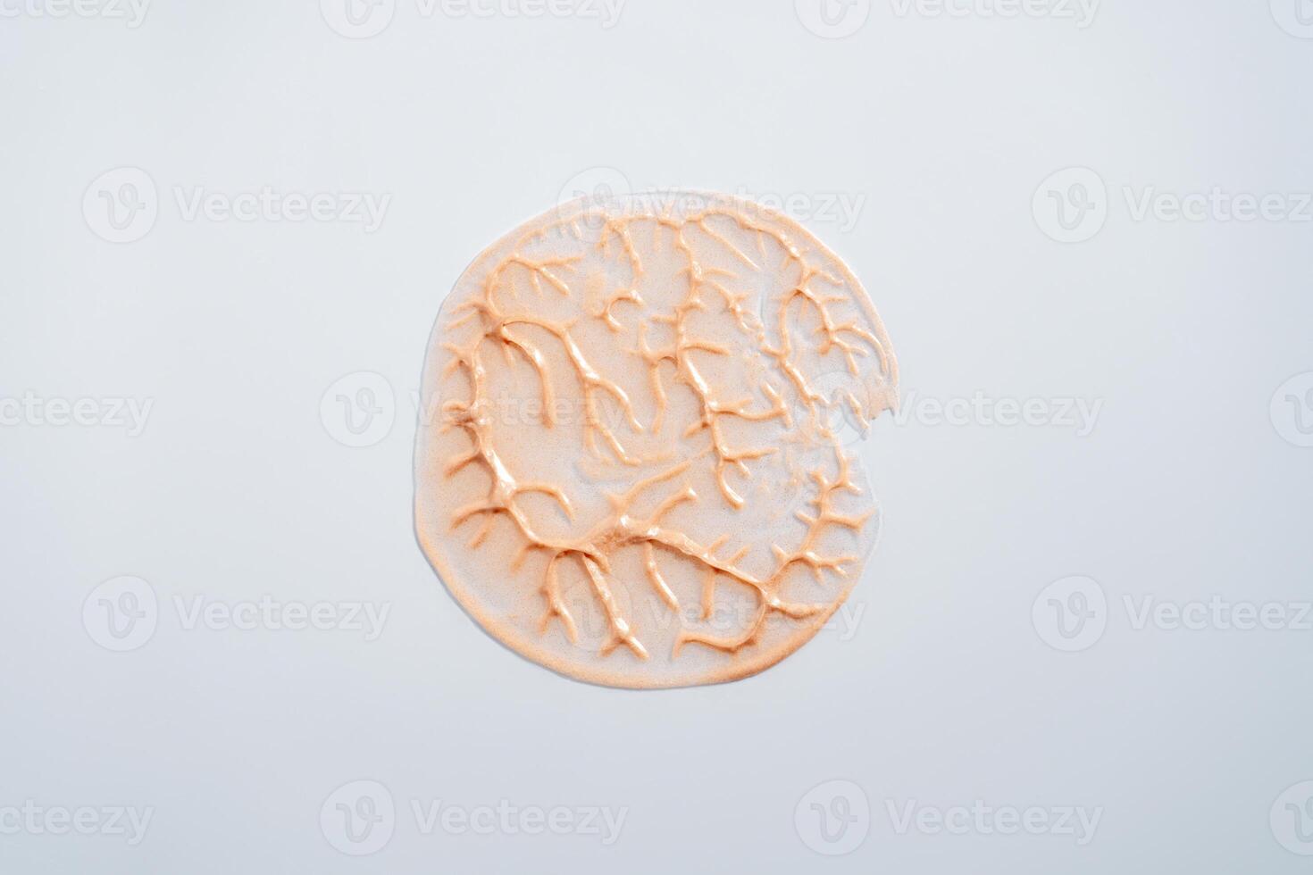 Sparkly beige cream circle with veins on white background. Minimalist makeup and body care photo
