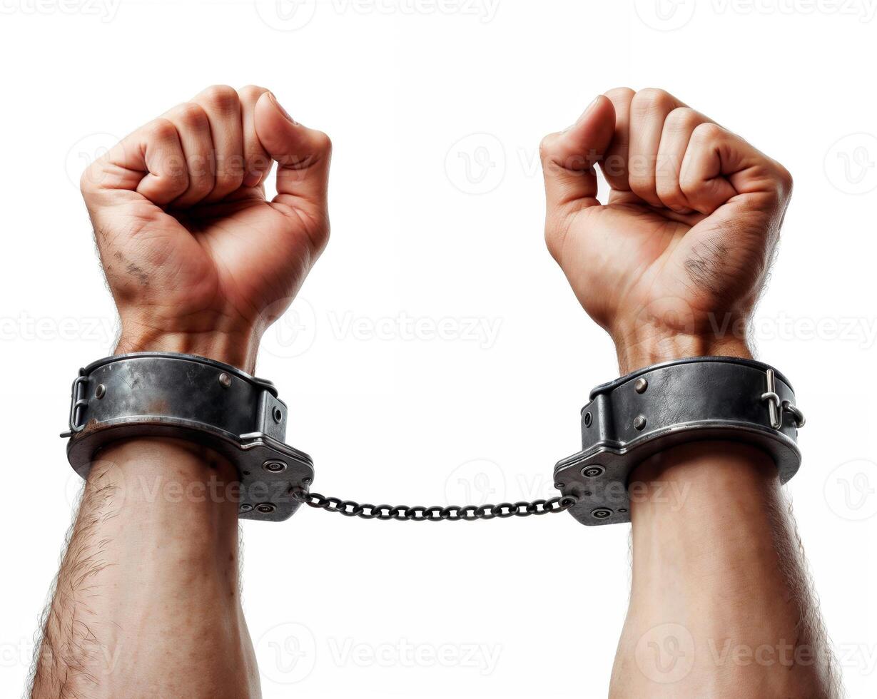 Raised arms with shackles isolated on white background. Struggle against oppression and the pursuit of freedom photo