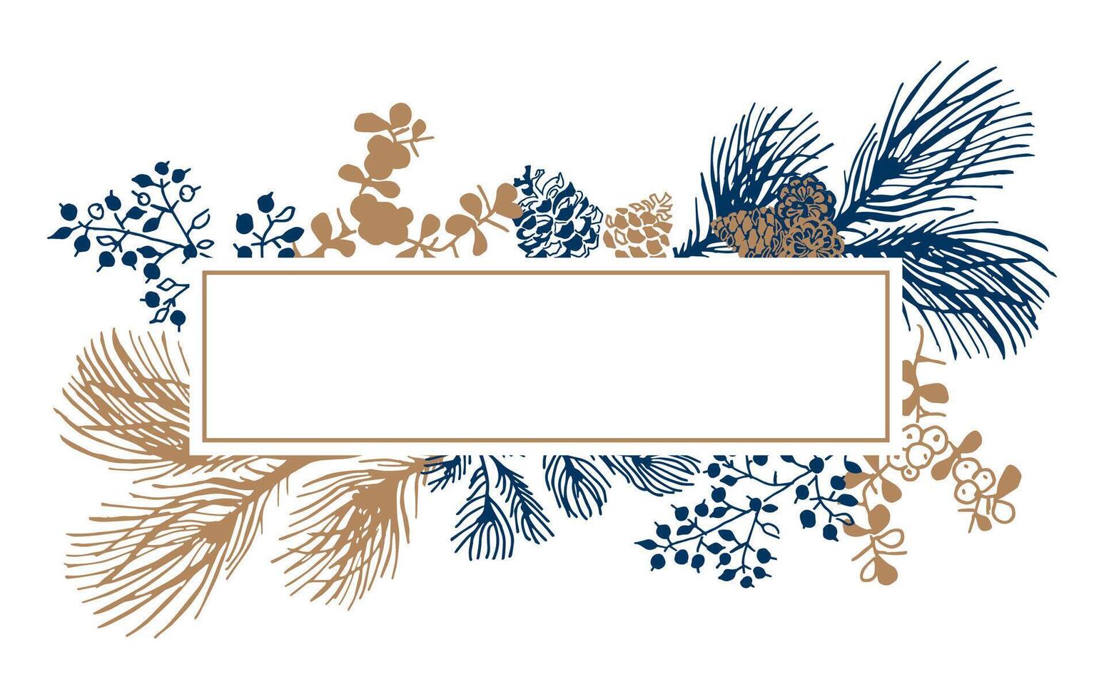 Christmas, botanical ornament in the form of a frame with a place for copying text. Pine branches, cones, berries, hand drawing. vector