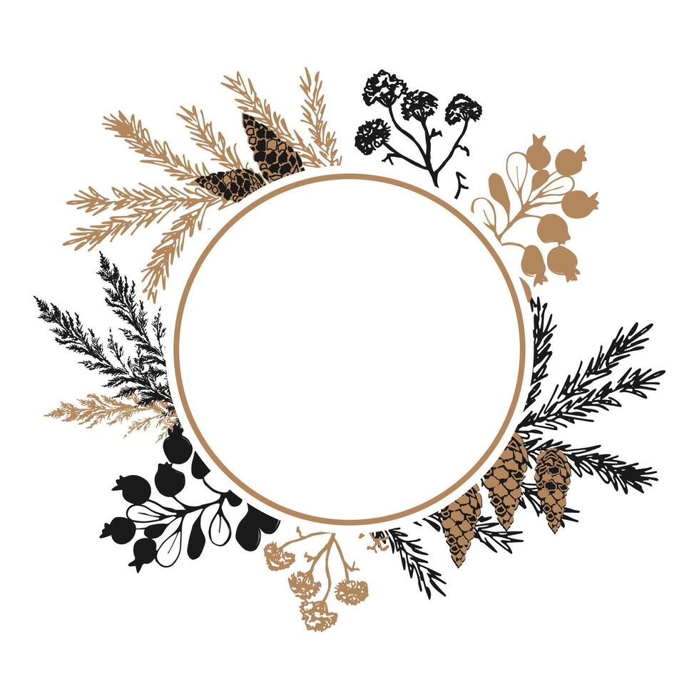 Round frame with a pattern of winter plants. Christmas festive botanical ornament, hand drawing. vector