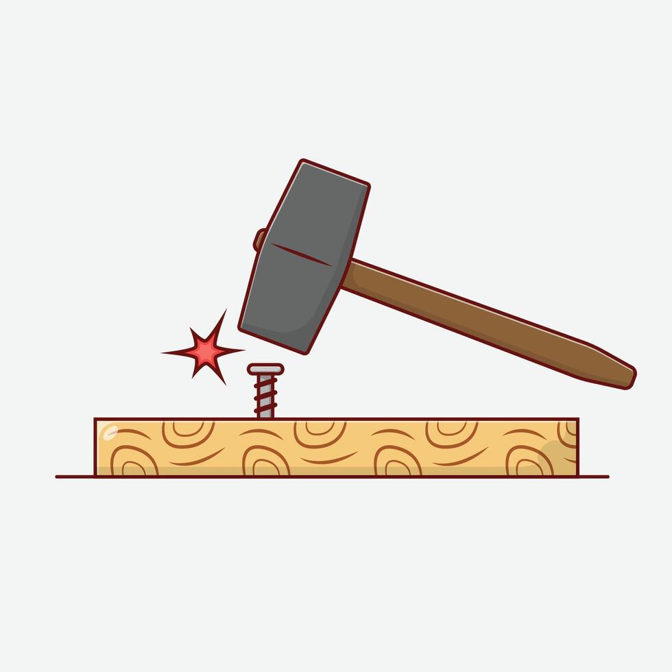 Nail Hammered on Wooden Block Illustration in Flat Cartoon Style with Outline Suitable for Design Element, Sticker, Banner, T-Shirt vector