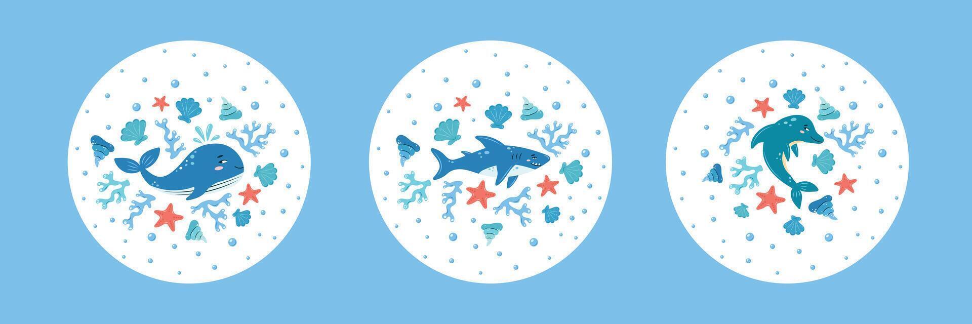 Collection of 3 round interior posters with marine animals whale shark and dolphin on white background. Character in children's style. illustration. vector