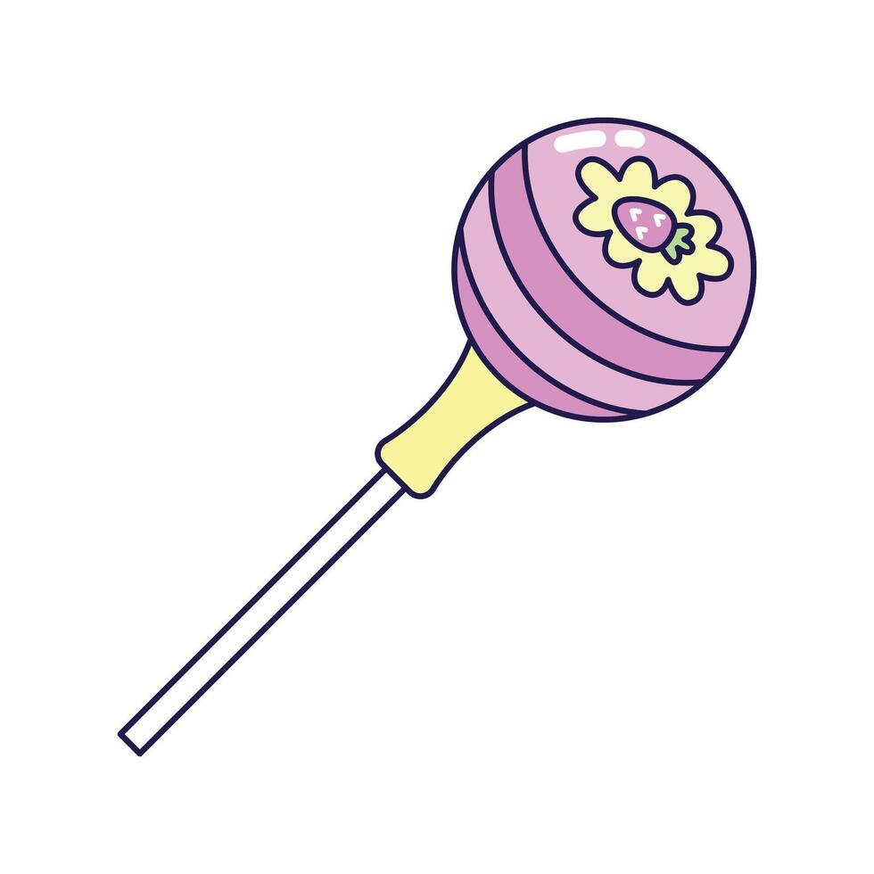 Strawberry flavored caramel lollipop on white background. Retro illustration with outline in 90s style. Isolated illustration. vector