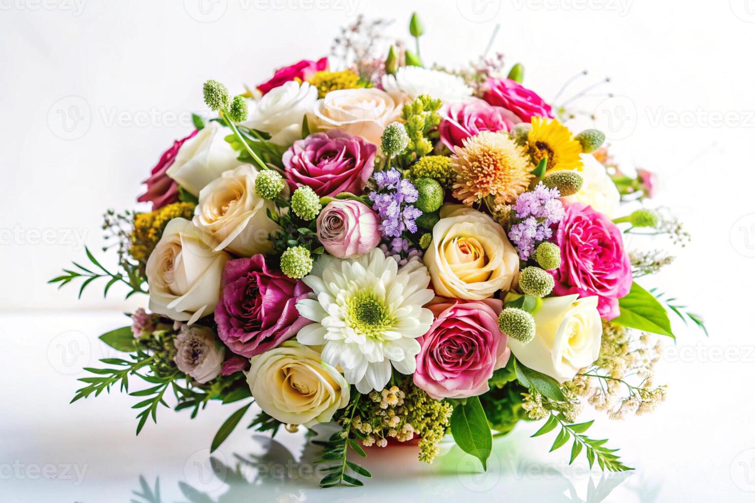 Bouquet of different flowers on a white background. Greeting card with a bouquet of flowers photo