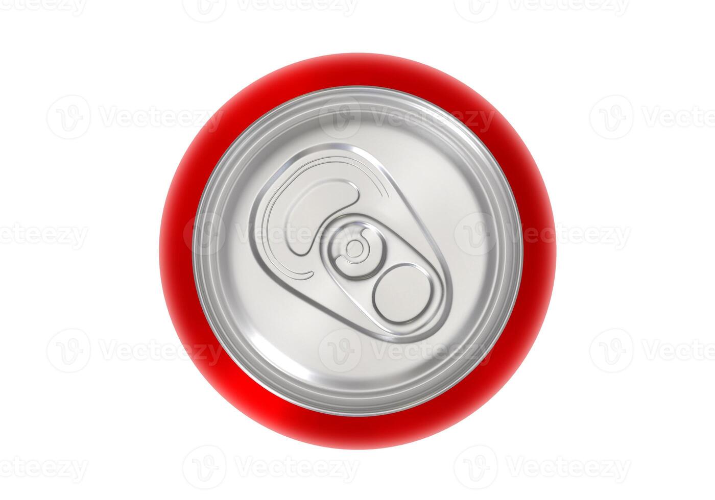 Red soda aluminum can on white background, top view photo