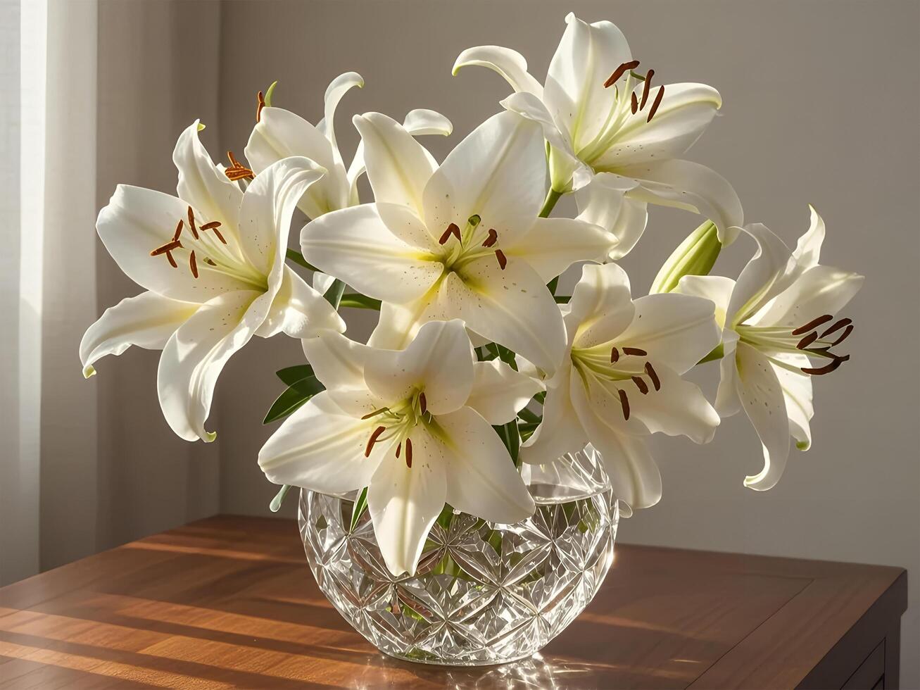 A vase of white lilies sitting on a table photo