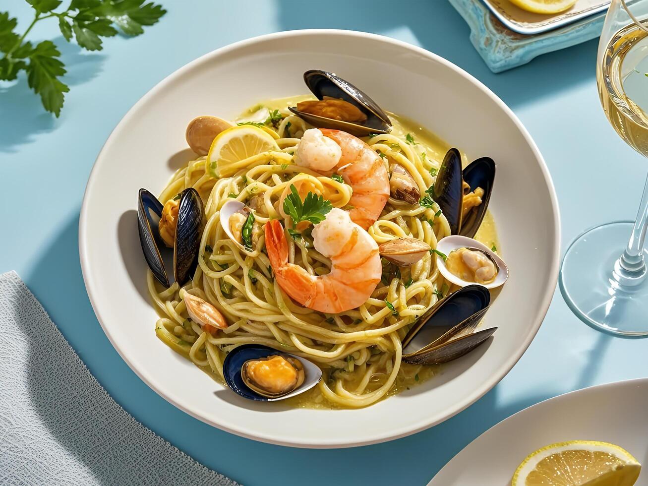 A plate of pasta with seafood and lemon photo