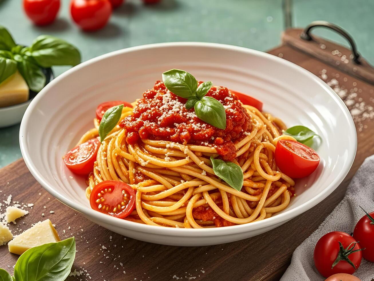Spaghetti with tomato sauce and basil on a wooden cutting board photo