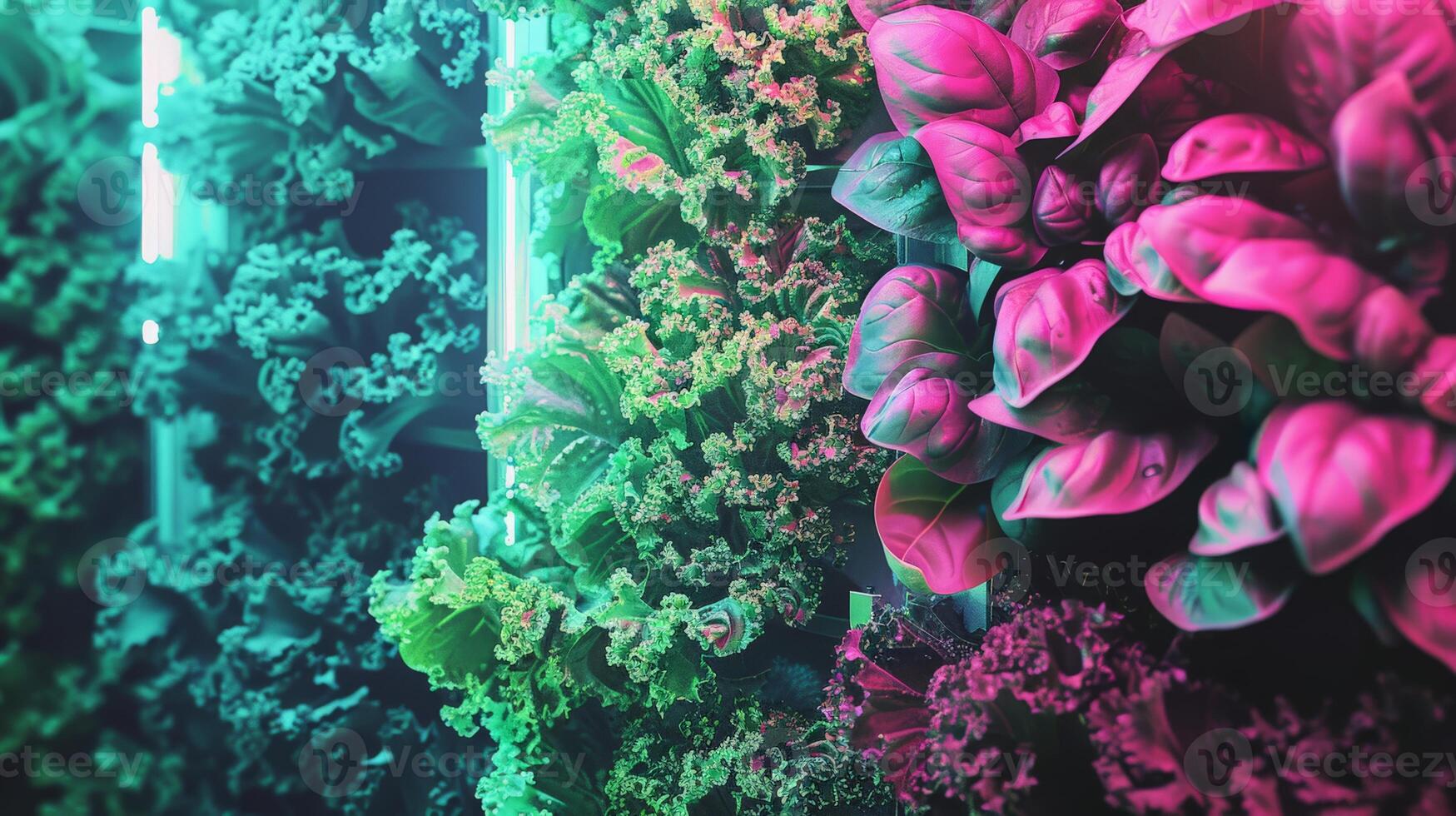 Lush plants thrive in a vertical hydroponic garden, illuminated by neon lights in an urban environment photo