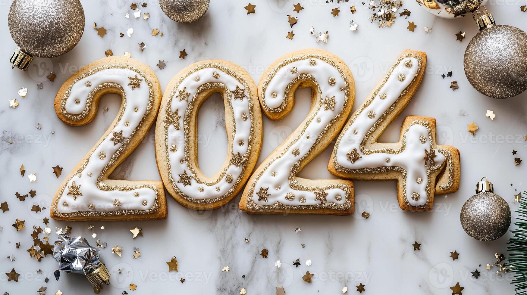 Festive cookies shaped like the numbers 2024 showcase intricate gold and white icing, surrounded by sparkling decorations for the New Year photo