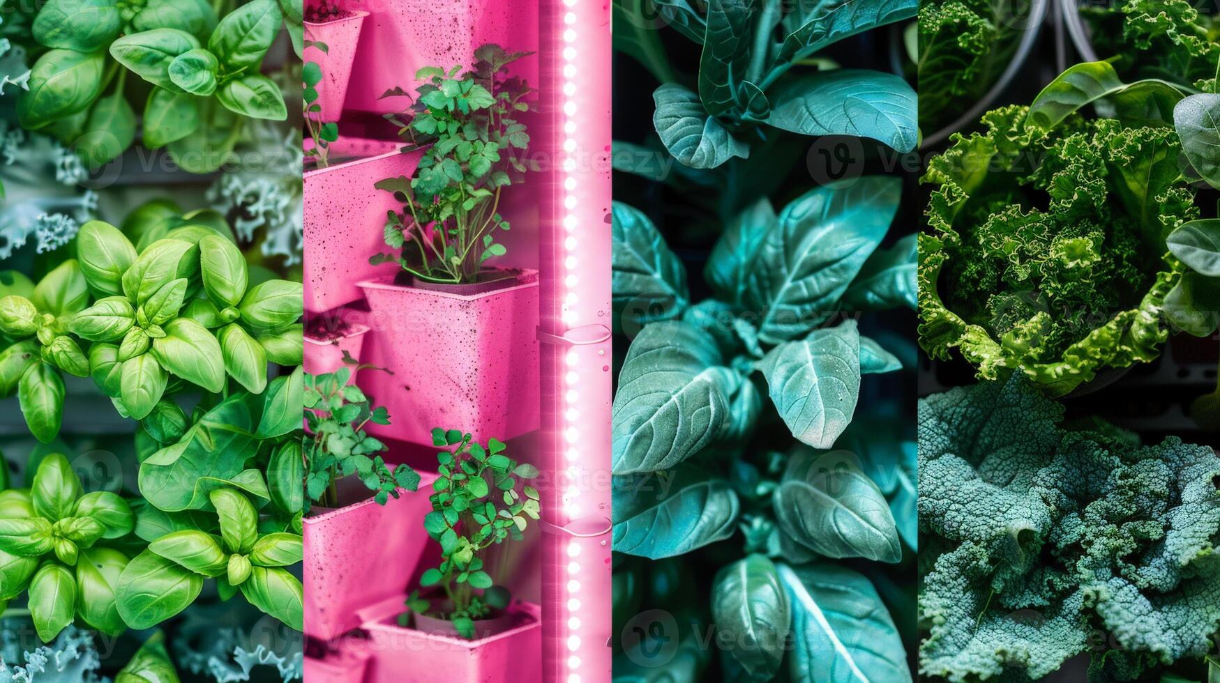 Vertical farming system showcases diverse herbs and leafy greens under artificial light photo