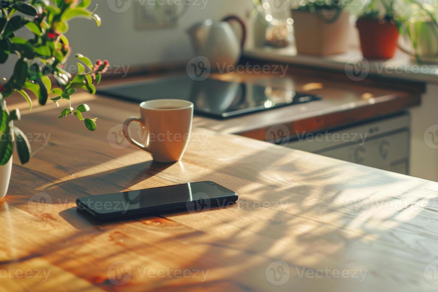 A smartphone rests on a wooden kitchen table, next to a cup of coffee, while sunlight illuminates the space and highlights the nearby plants, creating a calm atmosphere photo