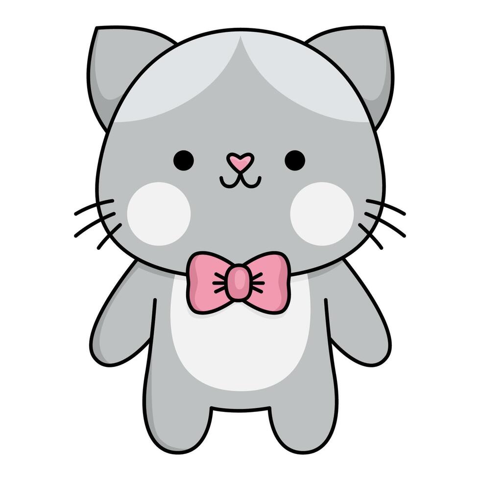 cartoon kawaii cat boy with bow tie. Kitty isolated clipart. Cute kitten colored outlined illustration. Funny Saint Valentine day icon for kids with love concept vector