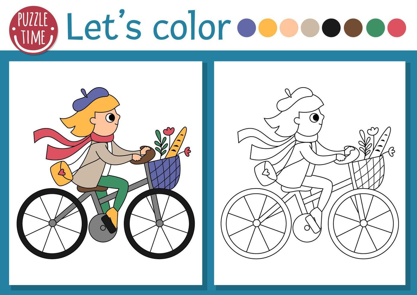 French themed coloring page for children with girl with baguette riding a bike. French outline illustration. Color book for kids with colored example. Drawing skills printable worksheet vector