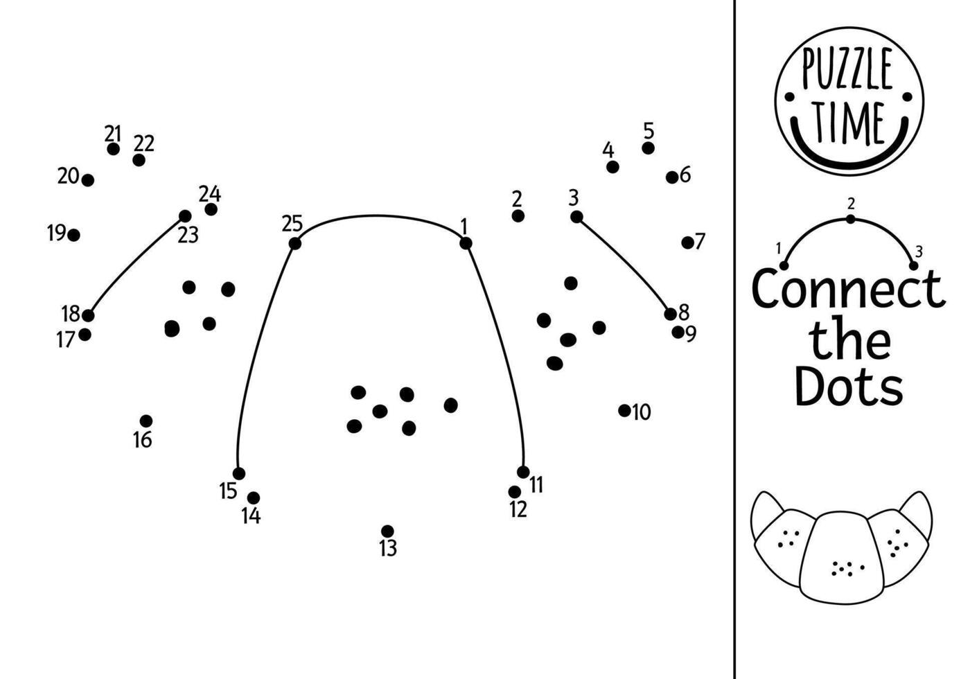 dot-to-dot and color activity with croissant. France themed connect the dots game for children with main pastry. French coloring page for kids. Printable worksheet with long bread vector