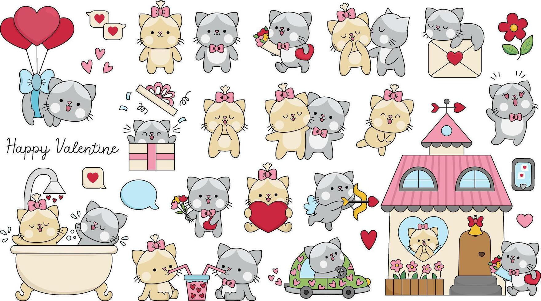 cartoon set of Saint Valentine day cats. Kitten pair kissing, hugging, playing. Cute funny kawaii illustrations or icons for kids with love concept. Kitty with hearts and flowers vector
