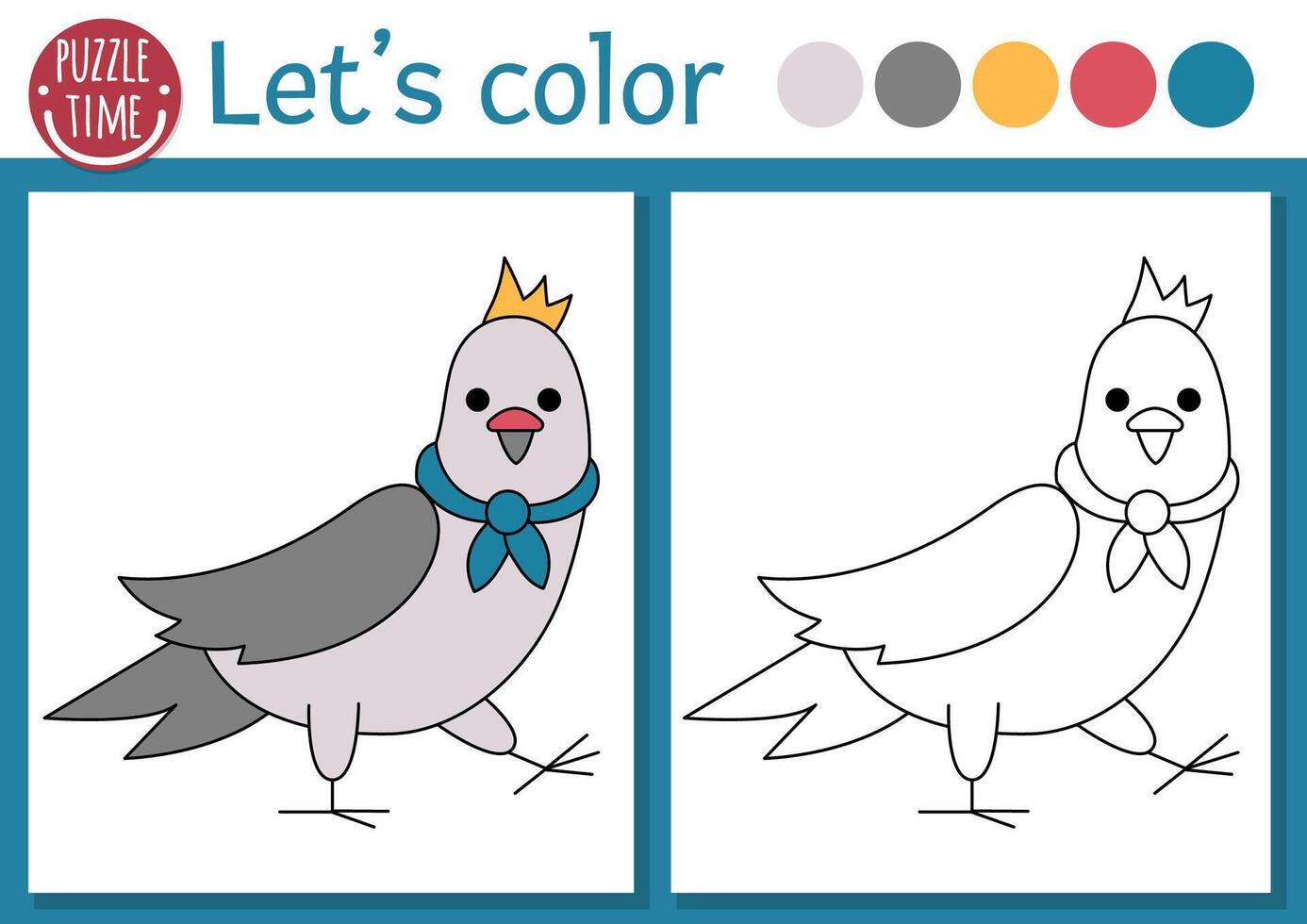 French themed coloring page for children with pigeon in blue scarf. French outline illustration. Color book for kids with colored example. Drawing skills printable worksheet with cute bird vector
