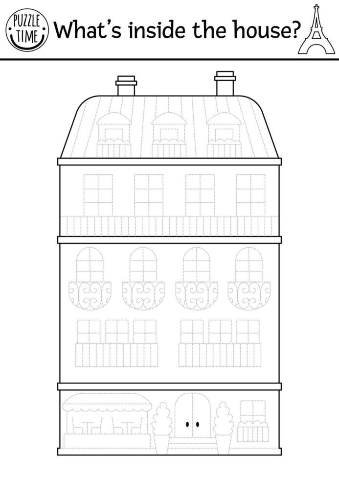 Trace the house. France themed drawing practice worksheet. Printable black and white activity for kids. French coloring page with traditional Paris building vector