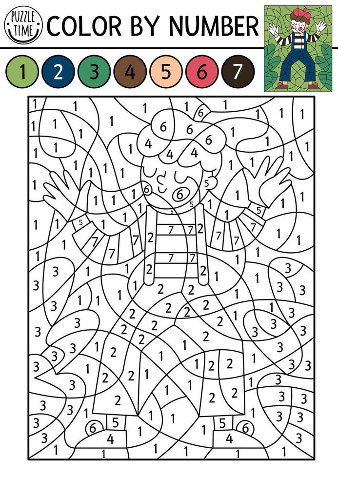 France themed color by number activity with mime. French character scene. Black and white counting game with cute clown in beret and stripy shirt. Coloring page for kids vector