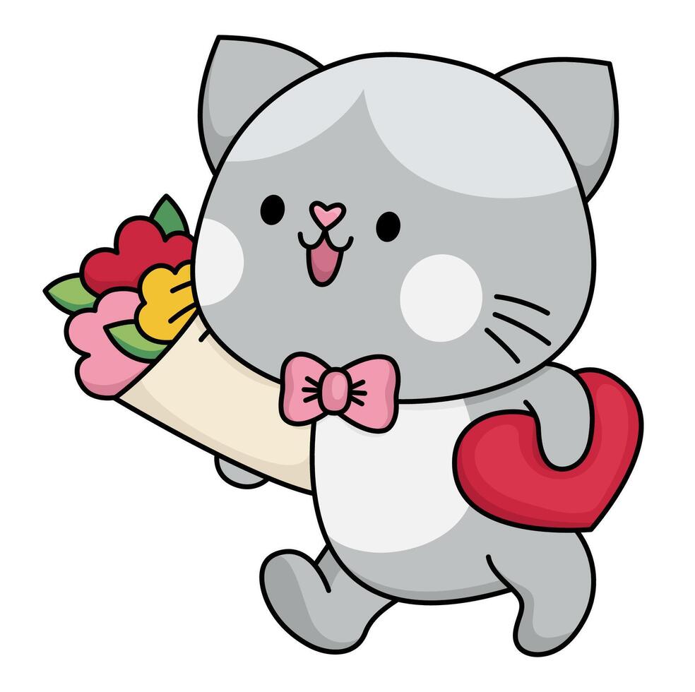 cartoon kawaii cat boy going to date with flowers. And candies. Kitty clipart or icon. Cute kitten illustration. Funny Saint Valentine day icon for kids with love concept vector