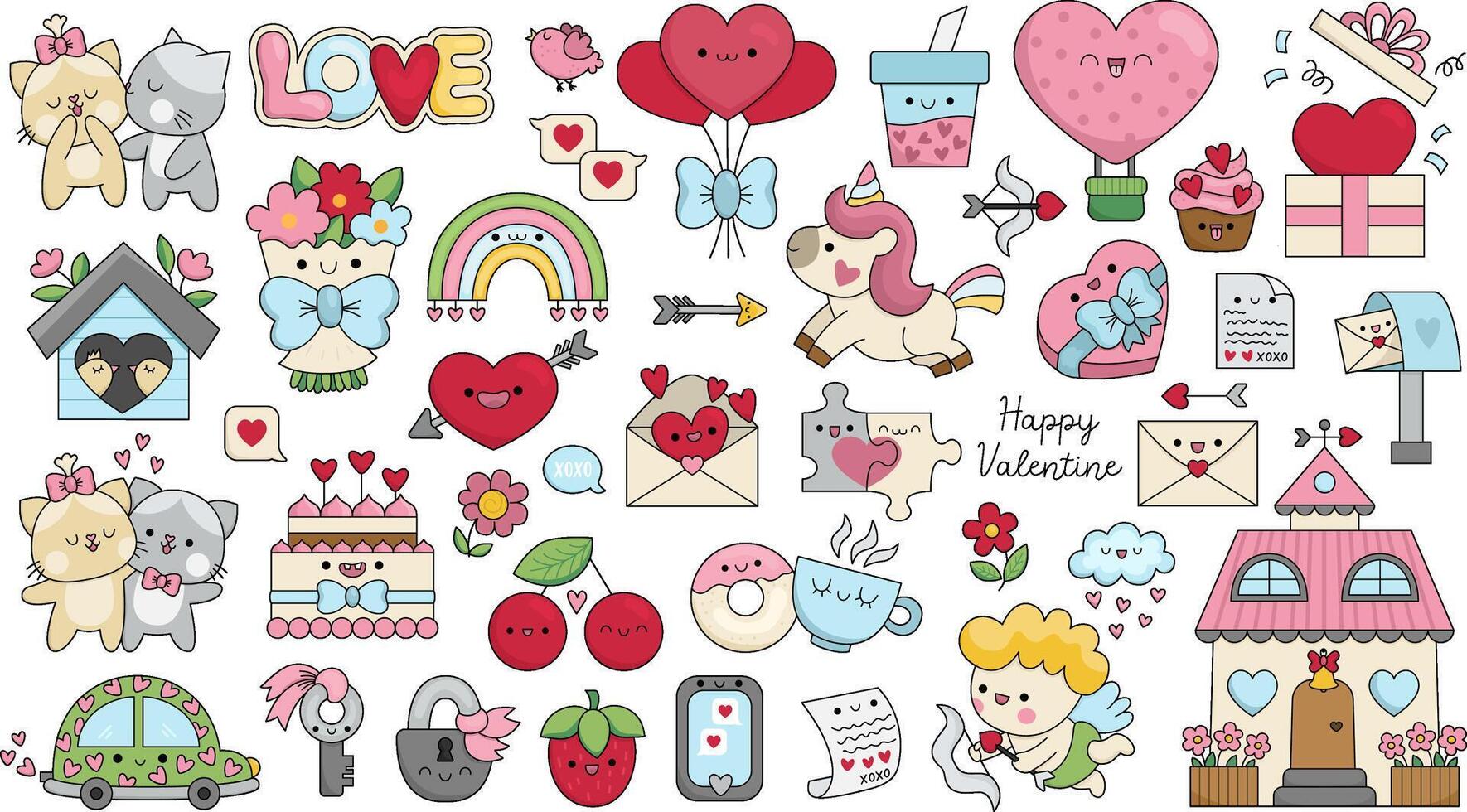 cartoon set of Saint Valentine day elements with cupid, unicorn, hearts, cats, rainbow, perfect match. Cute funny kawaii line illustrations or icons for kids with love concept vector