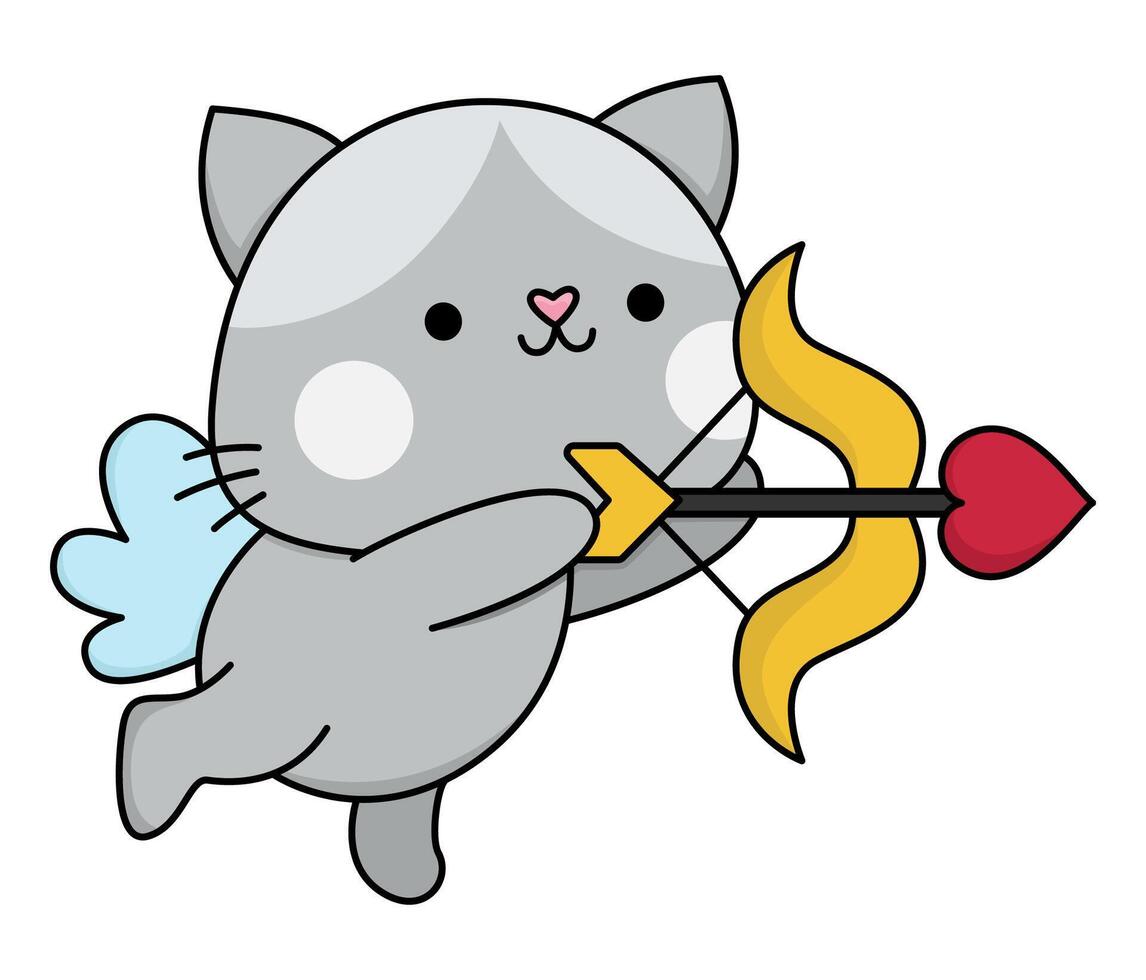 cartoon kawaii cat cupid with wings, bow and arrow. Kitty isolated clipart. Cute kitten illustration. Funny Saint Valentine day icon for kids with love concept vector
