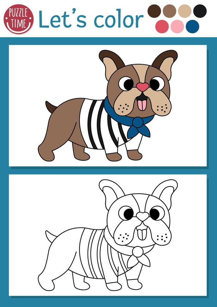 French themed coloring page for children with bulldog in blue scarf. French outline illustration. Color book for kids with colored example. Drawing skills printable worksheet with cute dog vector