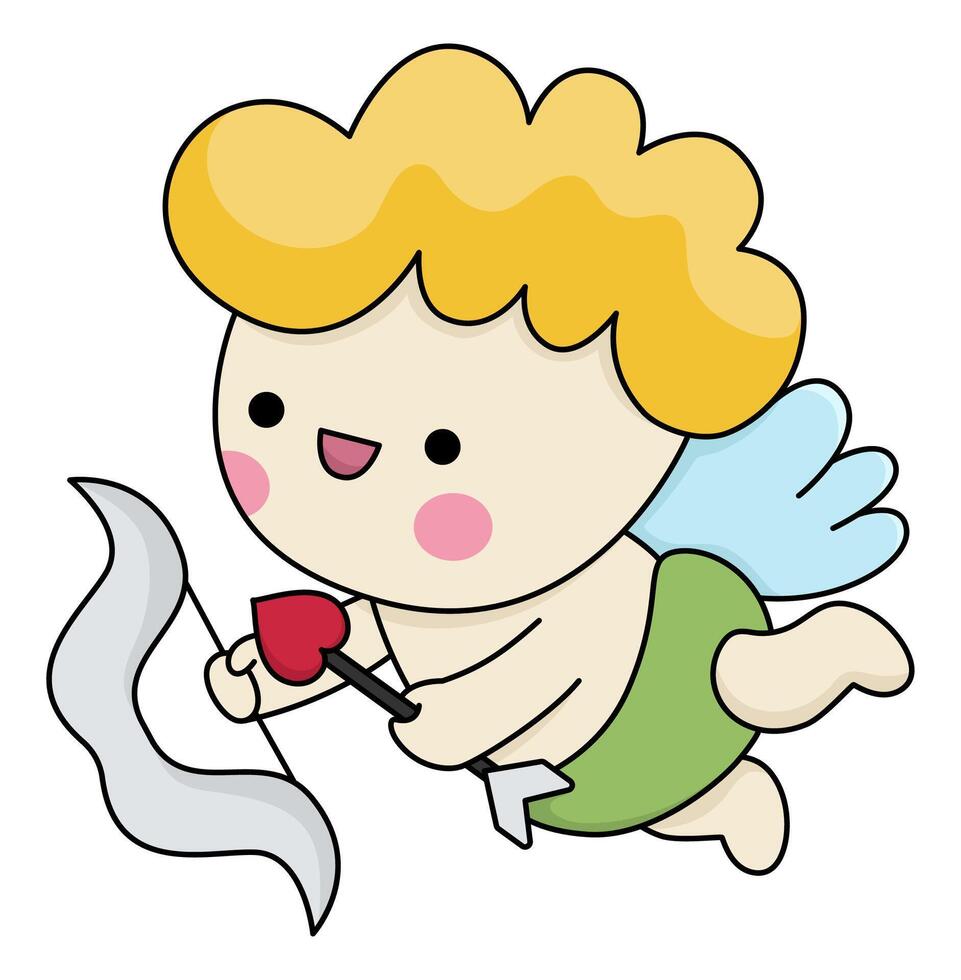 cartoon kawaii cupid with wings, bow and arrow. Amour isolated clipart. Cute angel illustration. Funny Saint Valentine day icon for kids with love concept vector