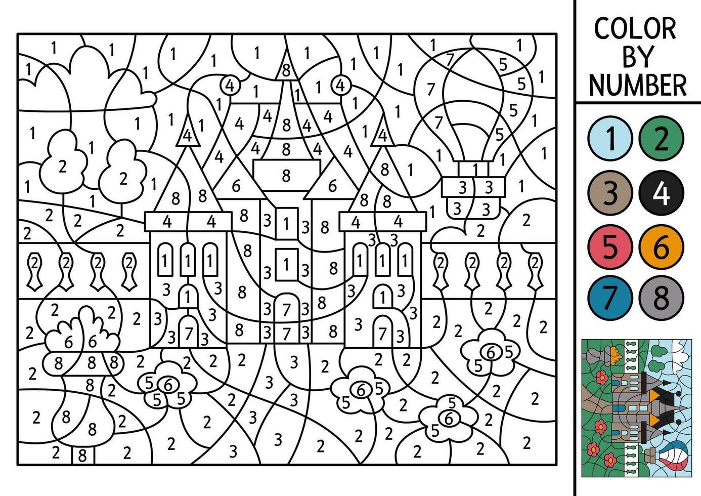France themed color by number activity with castle in the park. French landscape scene. Black and white counting game with ancient building. Coloring page for kids with garden vector