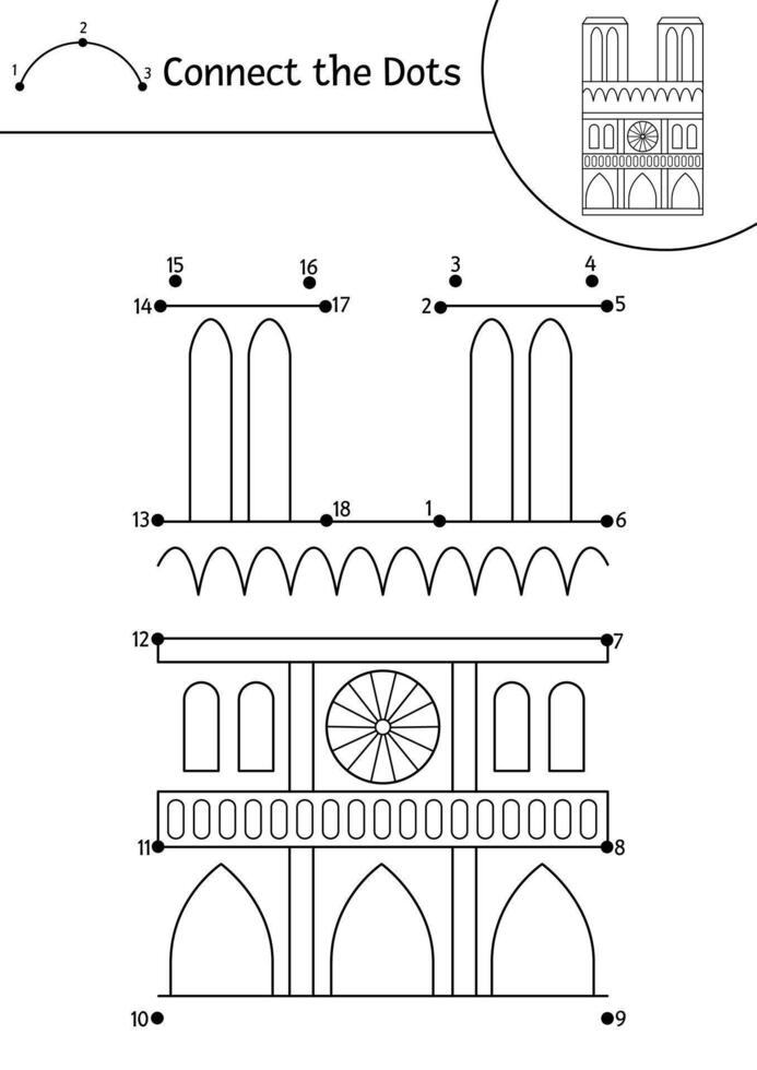 dot-to-dot and color activity with Notre Dame de Paris cathedral. France themed connect the dots game for children with landmark. French coloring page for kids. Printable worksheet vector