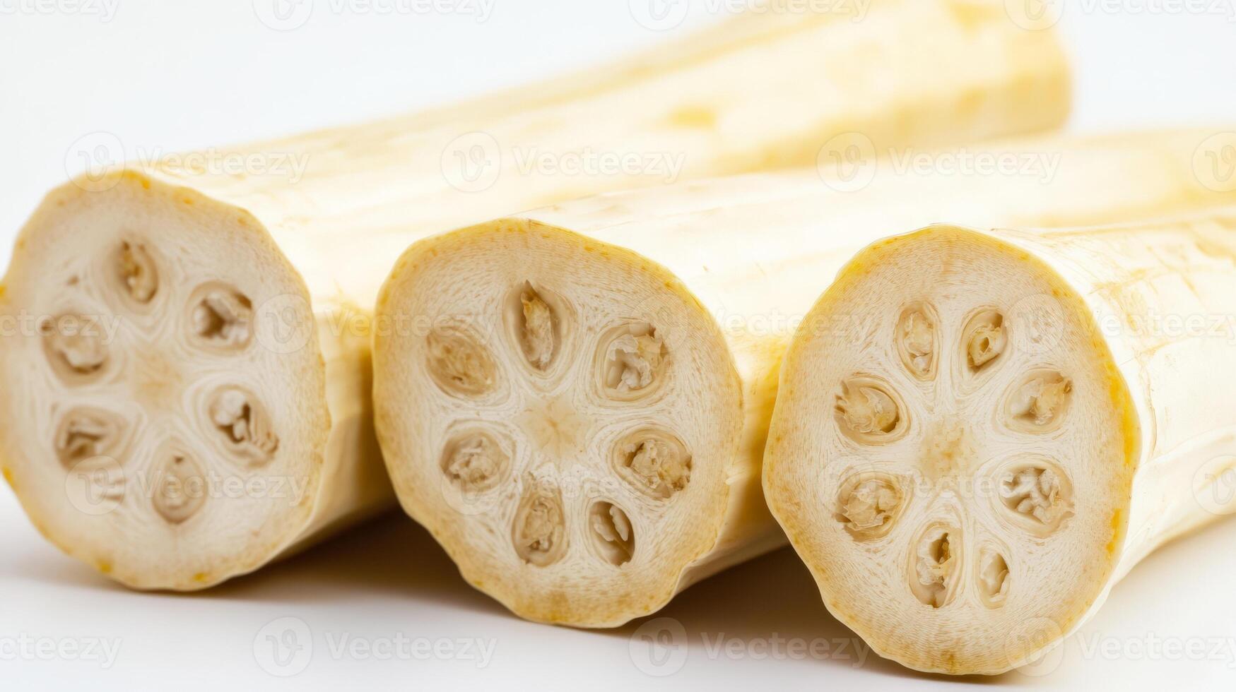 Cut marrow pieces showcasing circular patterns and a smooth texture against a white backdrop photo