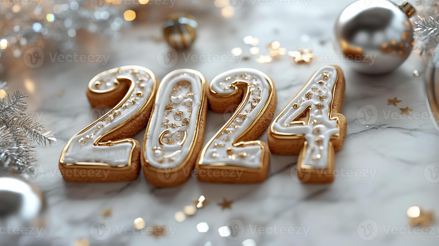 Delight in intricate New Year cookies shaped like 2024 adorned with elegant gold and white icing, perfect for holiday celebrations photo