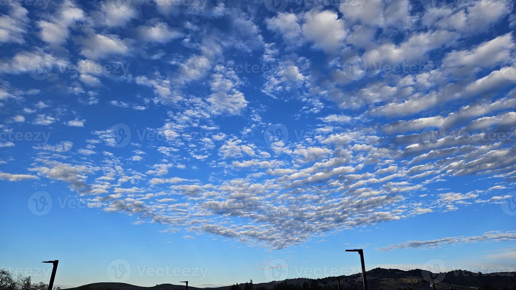 Beautiful cloud patterns formed in a summer afternoon in a blue sky with a silhouette of tree shadows in the background in walnut creek, California photo