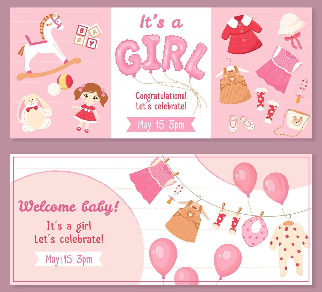Horizontal banner design with plush toys, doll, clothes. Gender reveal party banner element 'Girl' pink helium balloons. Ideal for baby shower invitations, cards and party decor Festive design vector