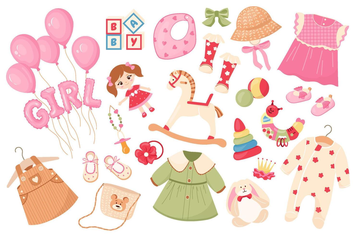 Set of cute baby girl clothes, accessories, balloons, horse, doll and toys. Design elements perfect for baby shower invitations, cards and party decor. Festive design for celebrations isolated vector