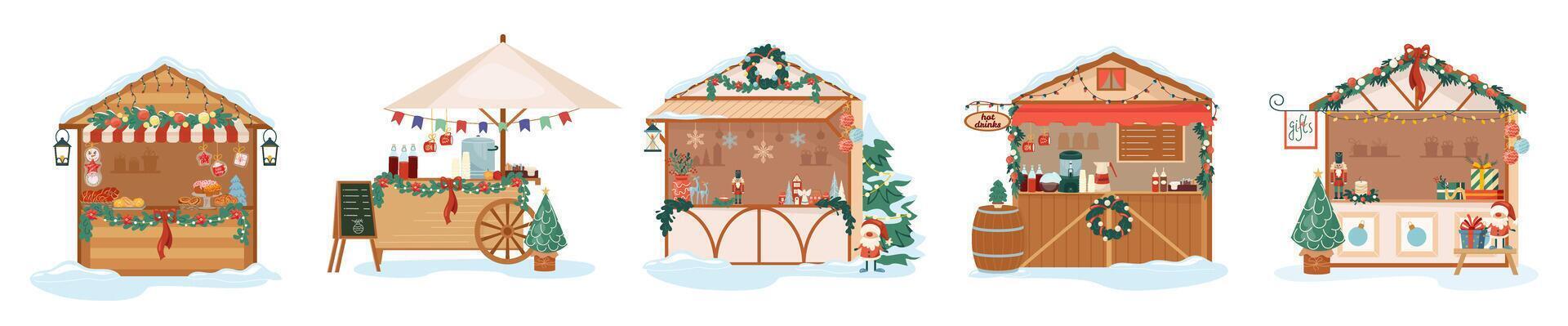Collection of Christmas market stalls isolated. Wooden booth with souvenirs, garlands, gifts and hot drinks. Set of kiosk with mulled wine, nutcrackers and gingerbread at festive winter fair vector