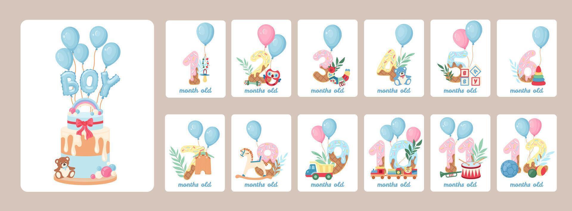 Cute baby boy milestone cards featuring numbers, balloons and baby toys celebrating first 12 months. Tender designs for newborns to capture every special moment Perfect for celebration banners. vector