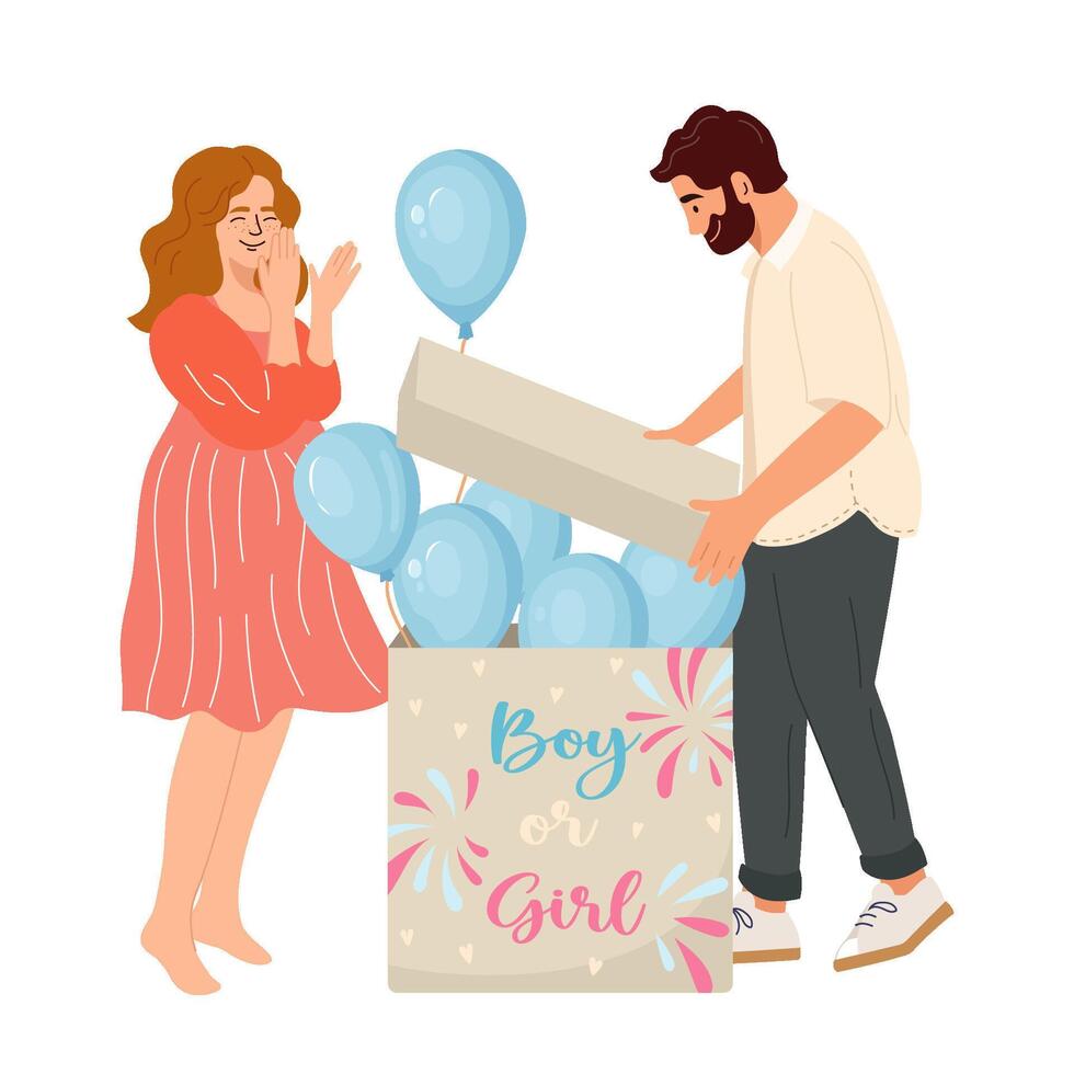 Couple expecting baby open box to find out if it's boy or girl Happy wife with pregnancy belly, husband waiting for first child Young mother and father on baby shower Gender reveal party design vector