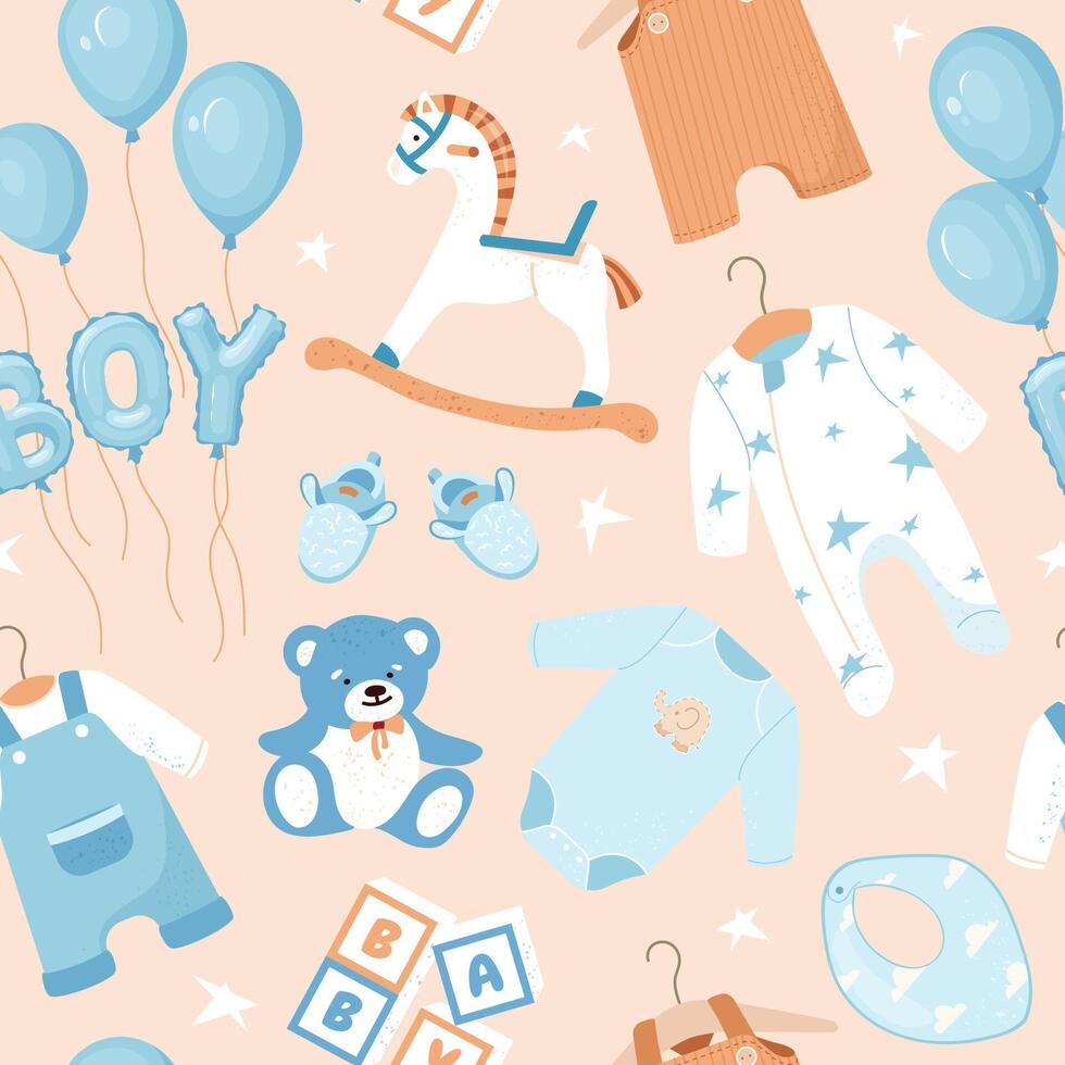 Bohemian seamless pattern featuring cute baby toys, balloons and clothes Fun cartoon design perfect for baby shower. Ideal for infant boys' textiles, fabrics, wrapping paper, covers and designs vector