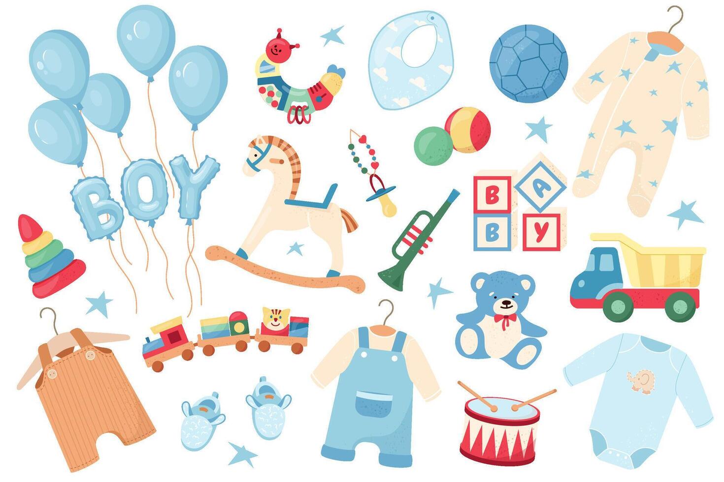 Set of cute baby boy clothes, toys, balloons, horse, train and car. Design elements perfect for baby shower invitations, cards and party decor. Festive design for celebrations isolated on white vector