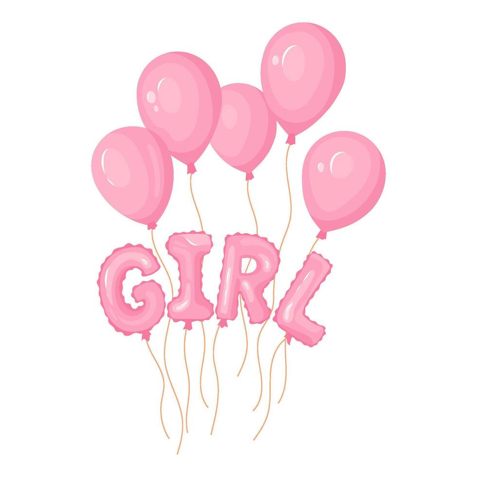 Gender reveal party banner element 'Girl' pink helium balloons flies high. Ideal for baby shower invitations, cards and party decor Festive design for celebrations, isolated vector