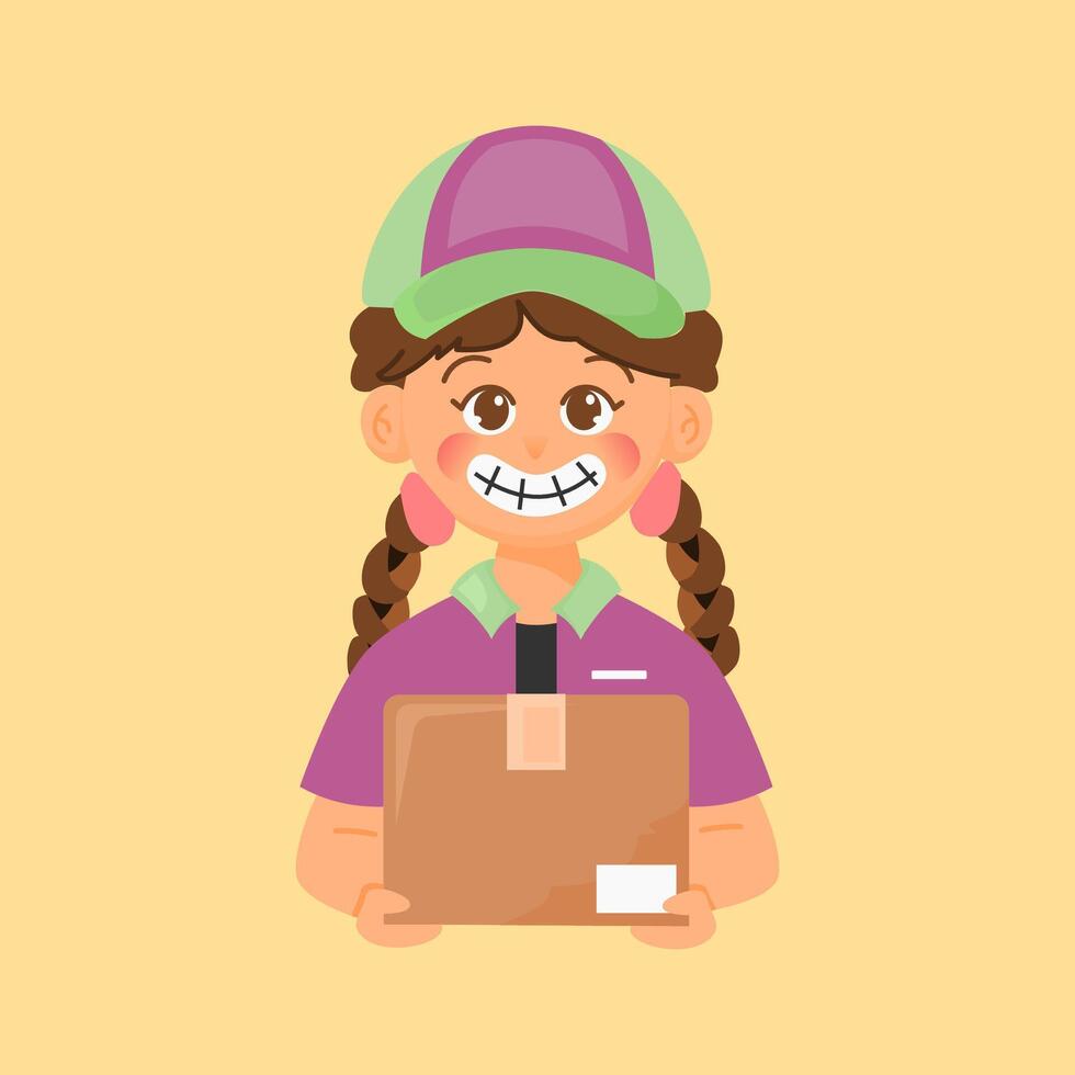 a courier girl in a purple shirt holding a box vector