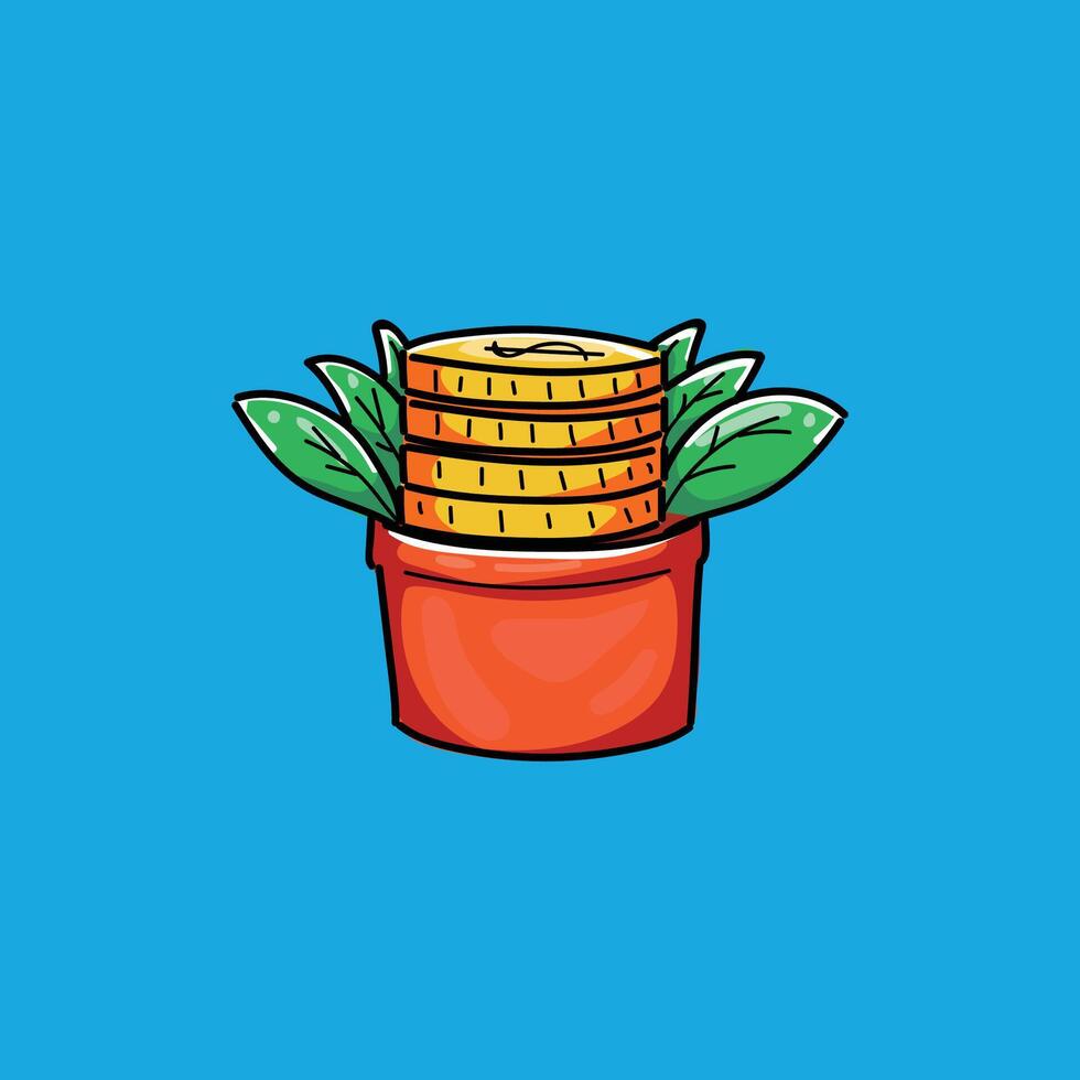 A colorful illustration depicting coins growing from a plant pot, symbolizing financial growth and prosperity. The vibrant colors and simple design convey concepts of investment and wealth. vector