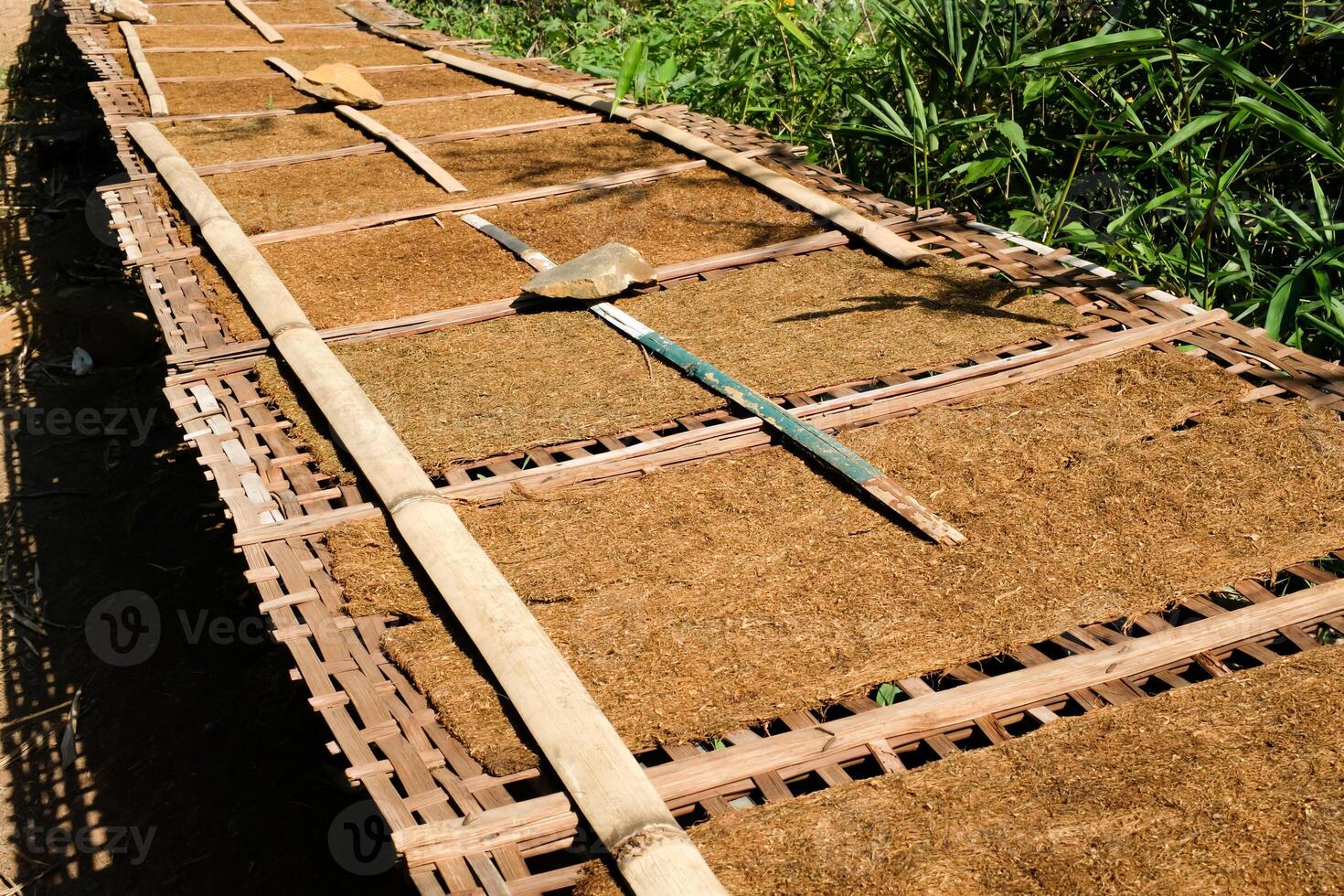 Tobacco shreds on a long tray. The process of drying tobacco under the sun. Cigarette Industry. Home Cigarette Manufacturers. Small Business. photo