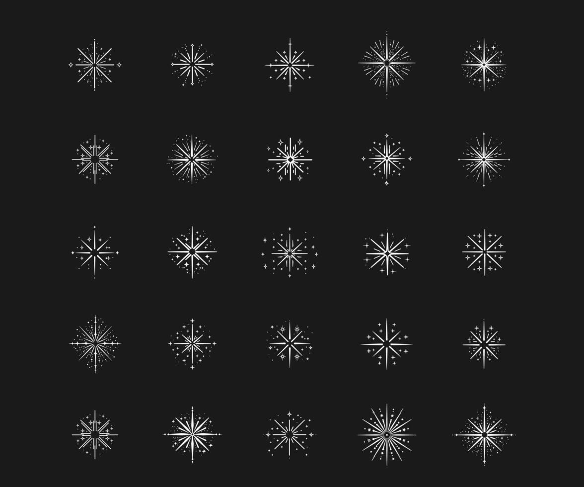 Sparkle icon set. Abstract shape element and magic star silhouette. Cartoon christmas simple firework collection. Futuristic and retro sing shiny. vector
