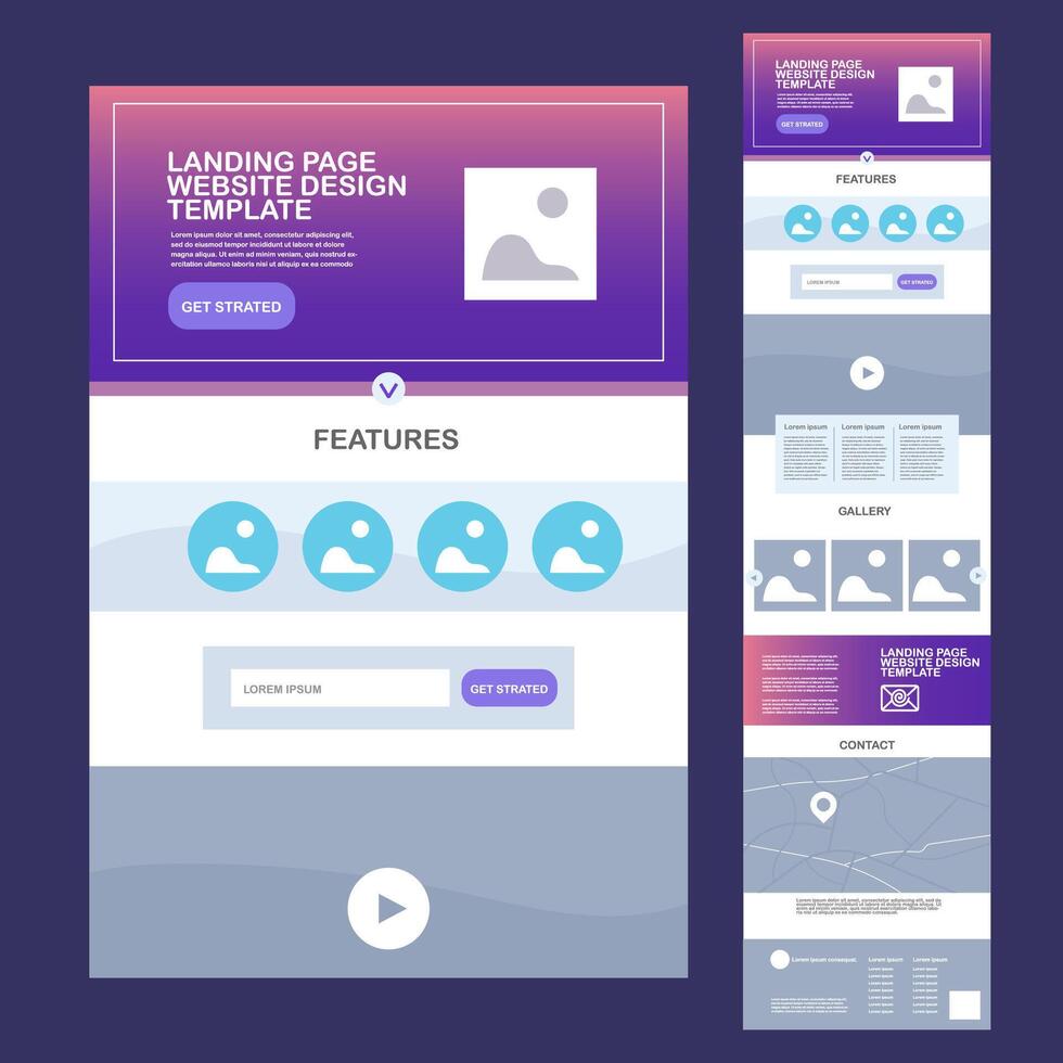 Website landing template page with a features section and a form for contact information. Design set flat element minimalist style illustration vector