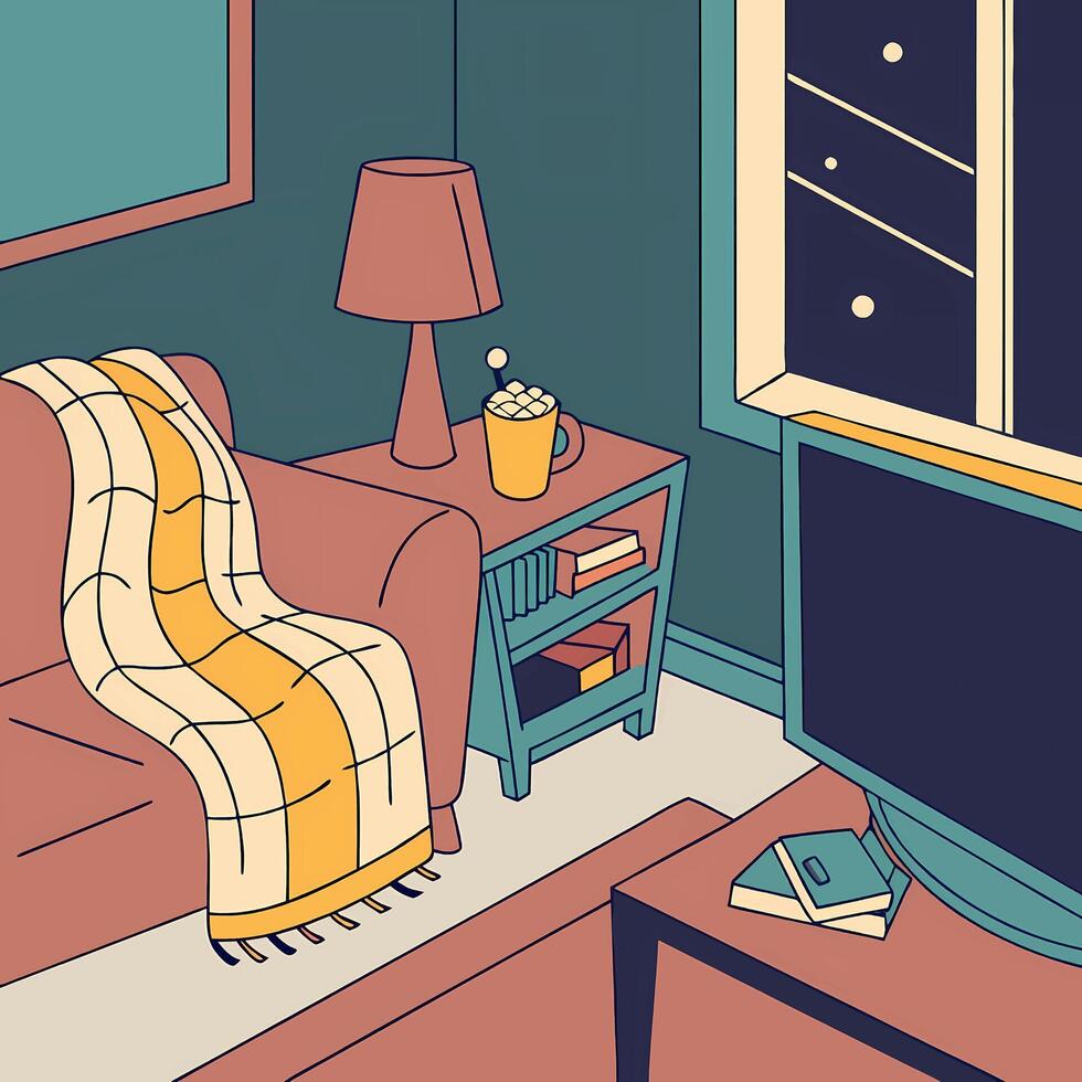 A cartoon illustration of a living room with a couch, blanket and lamp vector