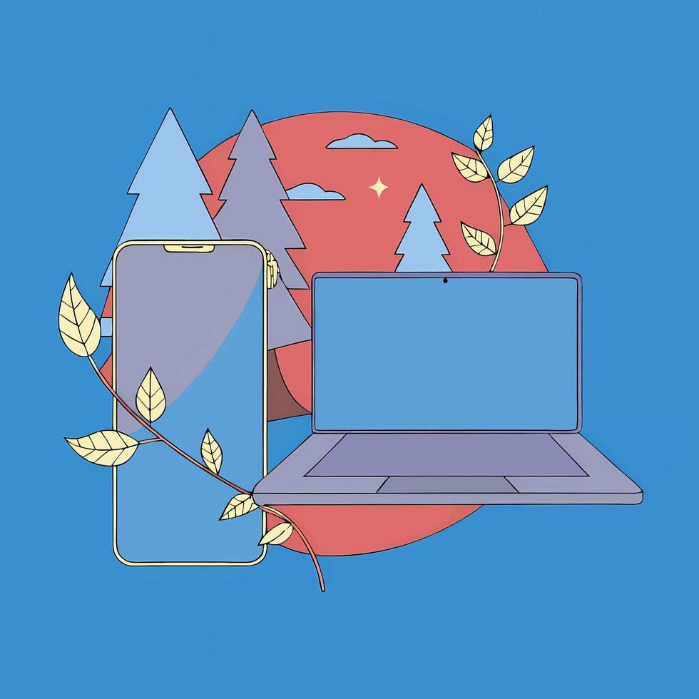 Laptop, phone and trees on a blue background vector