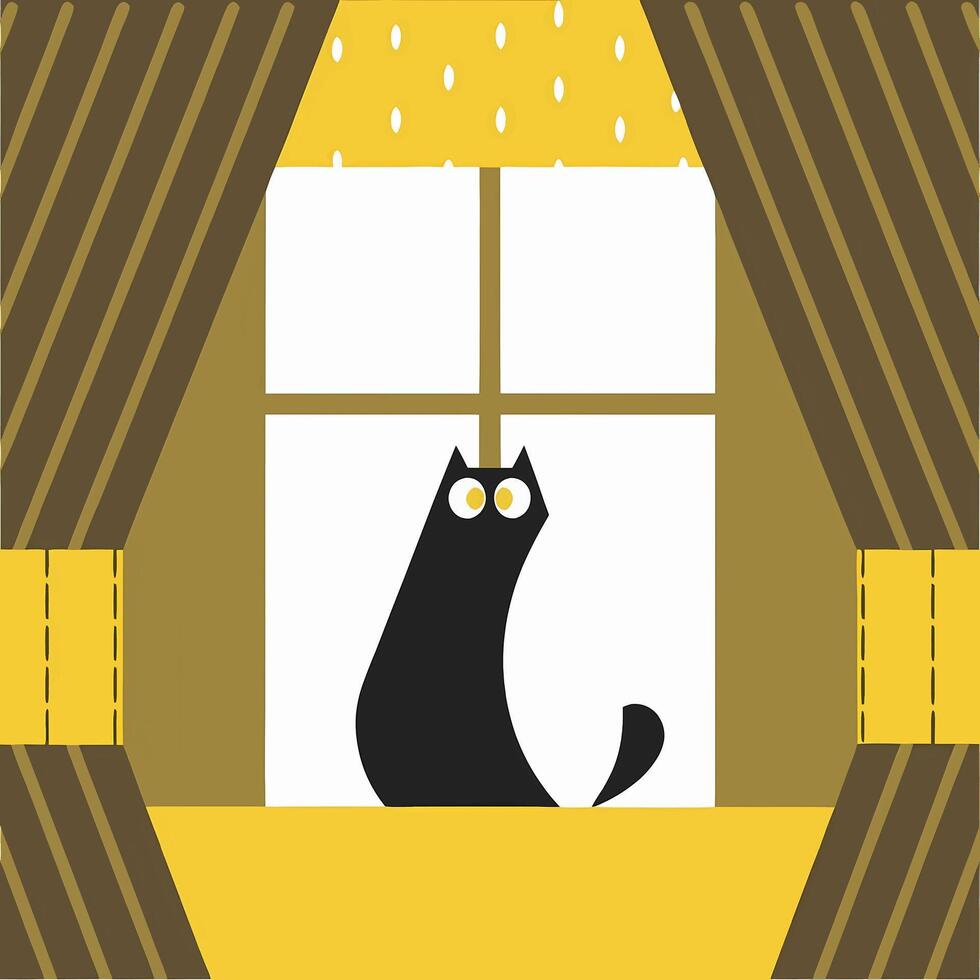 A black cat sitting on a window sill with yellow curtains vector