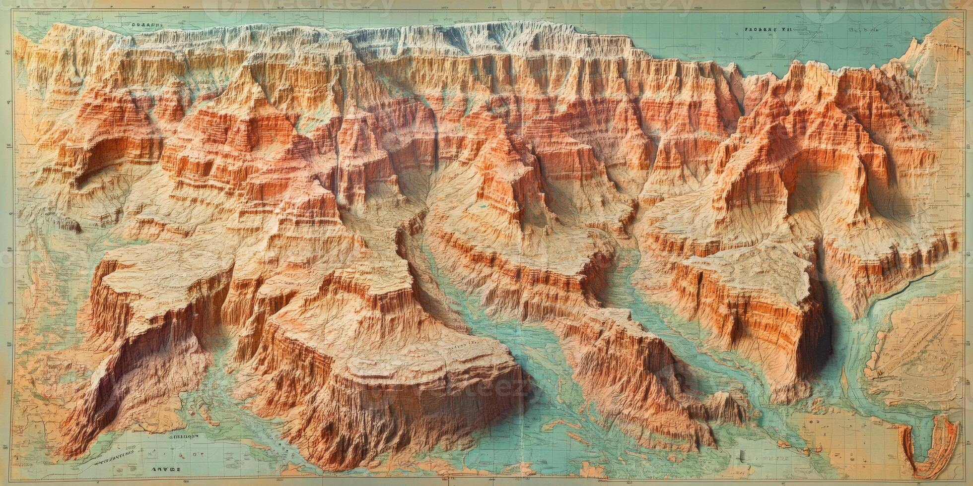 Vintage Relief Map Grand Canyon National Park Hiking Trails Canyons Aerial View Topographic Map photo